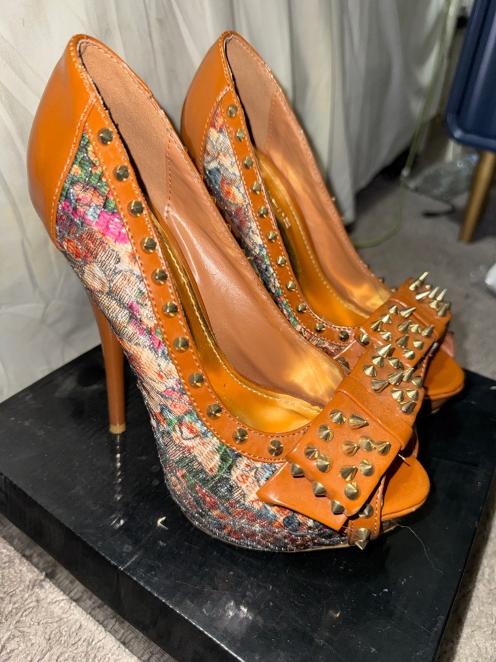 Orange Studded Peep-Toe High Heels with Floral Print Sides